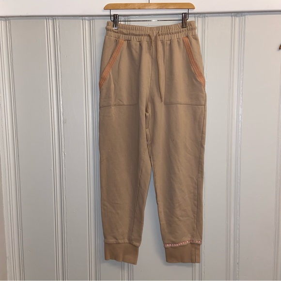 Hand Stitched by Halee Ann Tan Sweatpant Joggers Orange Embroidered Side Detail - Picture 1 of 8